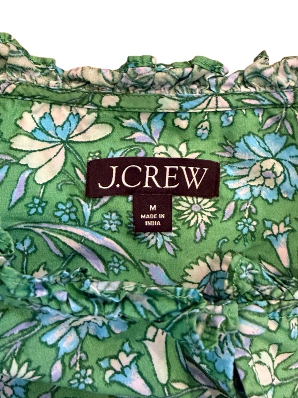 J.Crew Green Floral Cotton Puff Sleeve Ruffle Neck Blouse Top Size M - Picture 4 of 7